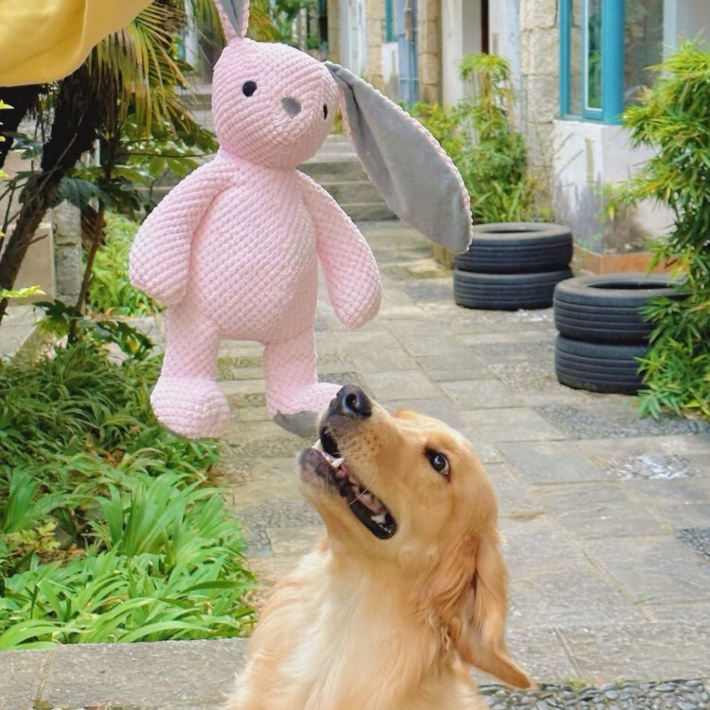 Ultra-Soft Large Pink Rabbit Plush Dog Toy with Multiple Squeakers